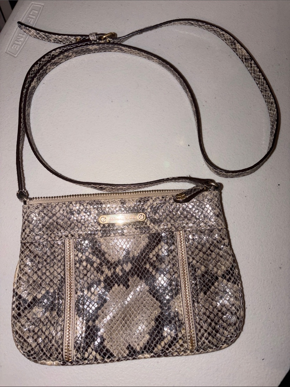 Michael Kors Taupe Snake-Print Crossbody with Gold Hardware